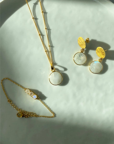 June Rainbow Moonstone Necklace + Earrings + Bracelet Combo