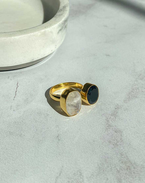 Gemma Ring - Moonstone + Black Onyx