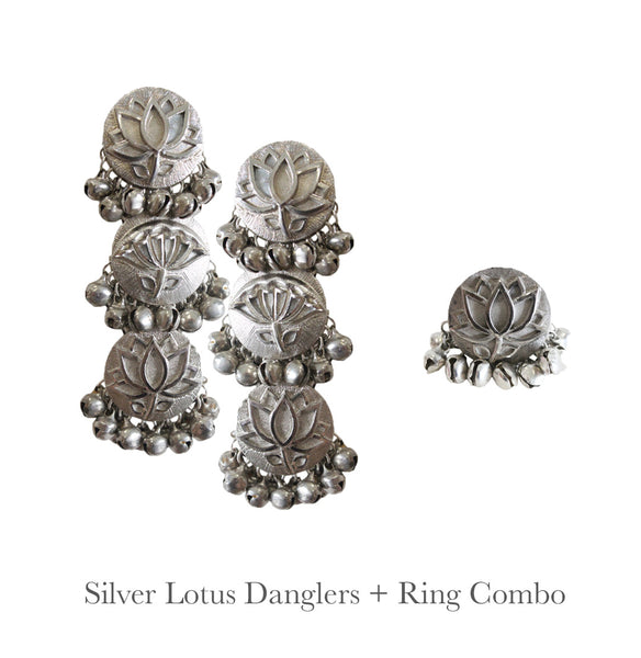 Silver Lotus Danglers and Ring Combo