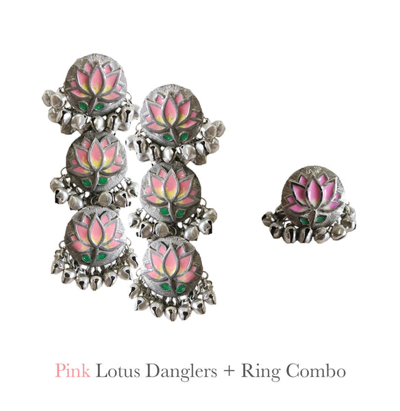 Pink Lotus Danglers and Ring Combo