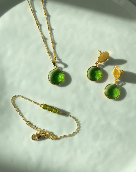 August Peridot Necklace + Earrings + Bracelet Combo
