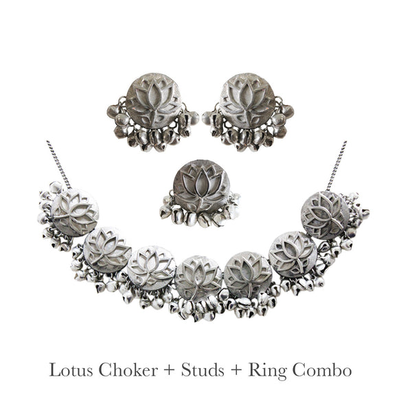 Silver Lotus Choker+Studs and Ring Combo