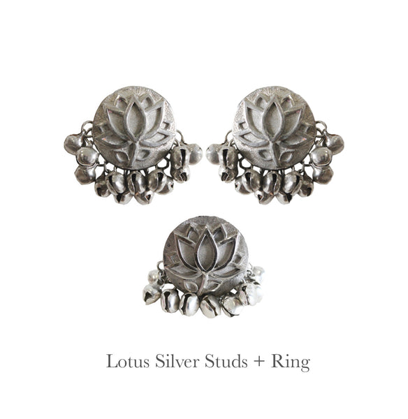 Silver Lotus Studs and Ring Combo