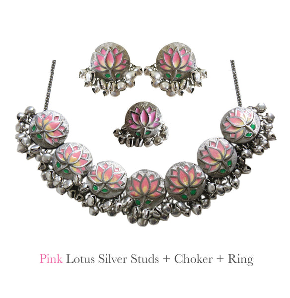 Pink Lotus Choker + Studs + Ring Combo