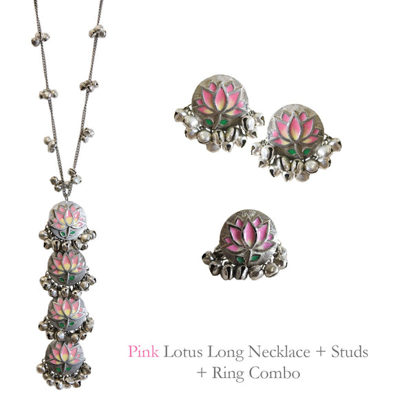 Pink Long Lotus Necklace + Studs and Ring Combo