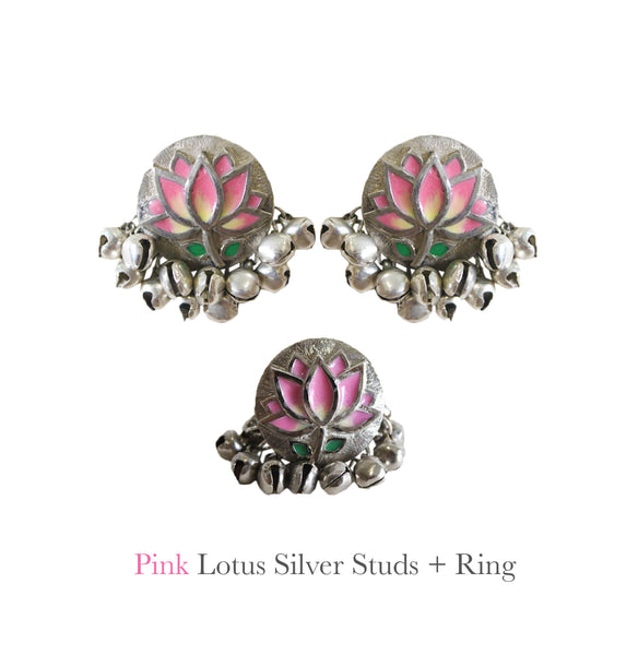 Pink Lotus Silver Studs and Ring Combo