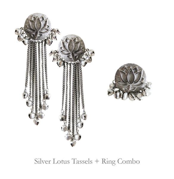 Silver Lotus Tassels + Ring Combo