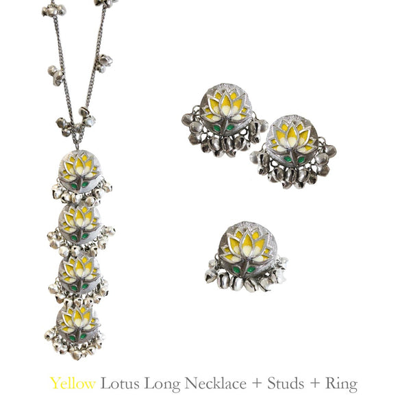 Yellow Long Lotus Necklace + Studs and Ring Combo